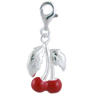 Silver Red Enamel Cherry Clip On Charm