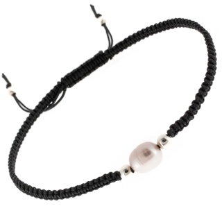 Silver Pearl Black Woven Bracelet 