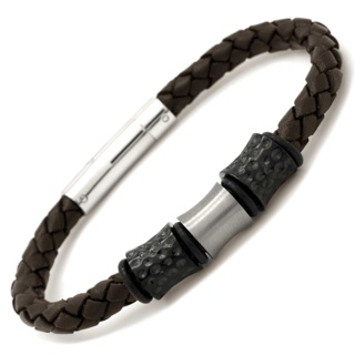 Black Titanium Beads on a Woven Brown Leather Bracelet