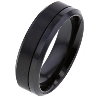 Flat Profile Two-tone Black Zirconium Ring with Bevelled Shoulders 