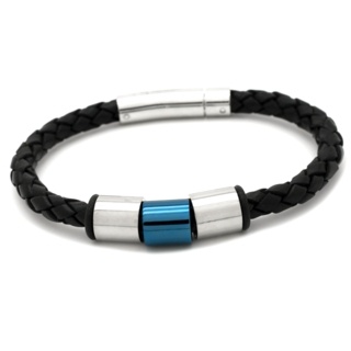 Black Leather Bracelet with Blue Titanium Bead