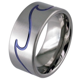 Flat Profile Zirconium Wedding Ring with Anodised Blue Wave