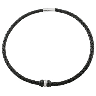 Woven Black Leather Necklace with Triple Titanium Beads