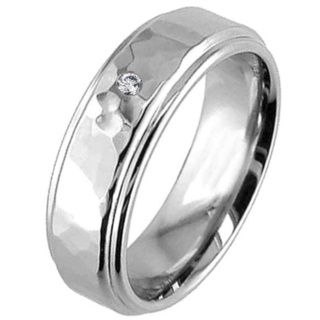 Polished Titanium Diamond Wedding Ring with Hammered Effect 