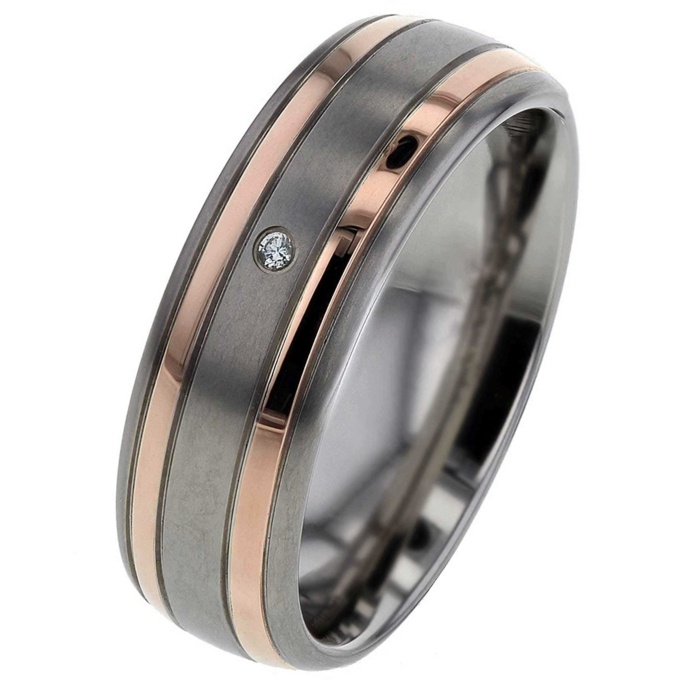Titanium Rondeau Court Shape Titanium Diamond Ring with Twin Rose Gold Inlays | Titanium ...