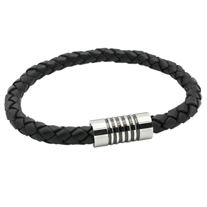 Black Bolo Leather Bracelet with Black Striped Magnetic Clasp | Leather ...