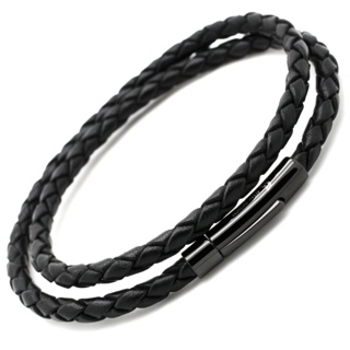 Black Plaited Double Wrap Leather Bracelet