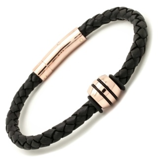 Woven Black Leather Bracelet with Rose Gold Bead and Clasp