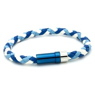 Woven Blue & White Leather Bracelet & Two Tone Clasp 