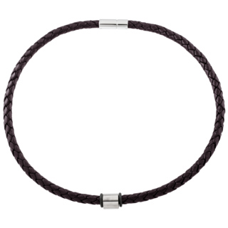 Brown Woven Leather Necklace with Polished Titanium Bead 