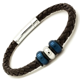 Brown Woven Leather Bracelet with Matt Blue Titanium Beads