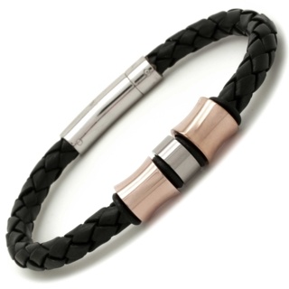 Woven Black Leather Bracelet with Titanium Beads