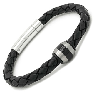 Black Woven Leather Bracelet with Titanium Bead