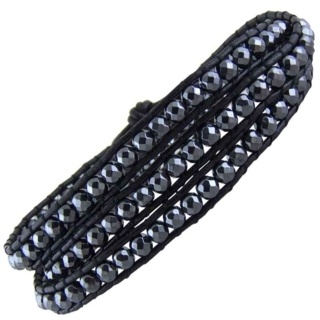 Yukata Hematite Facet Leather Bracelet