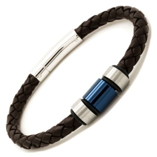 Woven Brown Leather Bracelet with Blue Titanium Bead