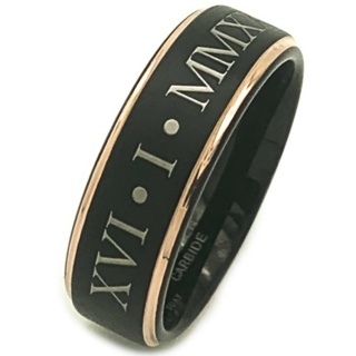 Personalised Roman Numeral Black & Rose Gold Tungsten Carbide Ring
