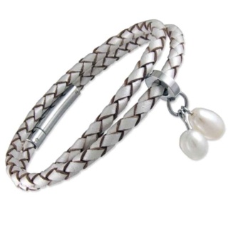 Metallic Pearl Plaited Double Wraparound Leather Bracelet with White Pearls 