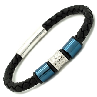 Blue Titanium & Polished Beads on a Black Leather Bracelet