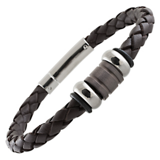 Brown Plaited Bolo Leather Bracelet with Coffee Coloured Titanium Beads