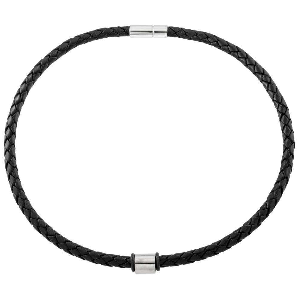 Black Woven Leather Necklace with Polished Titanium Bead Titanium