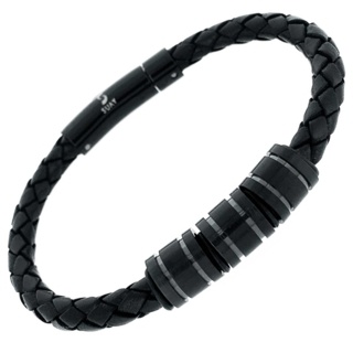 Black Leather Titanium Beaded Bracelet