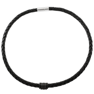 Woven Black Leather Necklace with a Channeled Black Titanium Bead