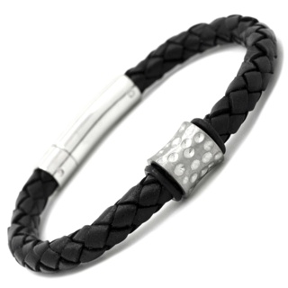 Titanium Bead with Black Woven Leather Bracelet