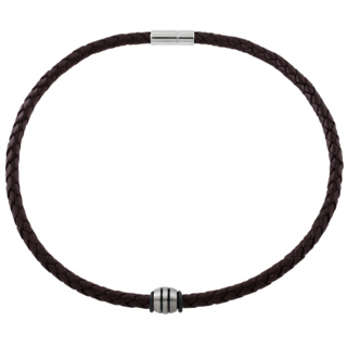Woven Brown Leather Necklace with Striped Titanium Bead