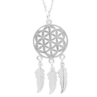 Silver Flower Of Life with Feathers Necklace